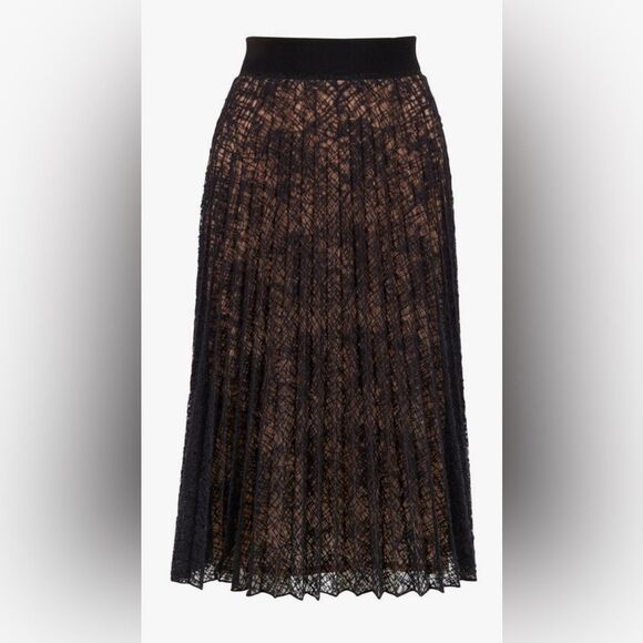 D.EXTERIOR Black & Nude Spider Web Embroidered Plissé Skirt Wool Mix Sheer - Picture 1 of 10